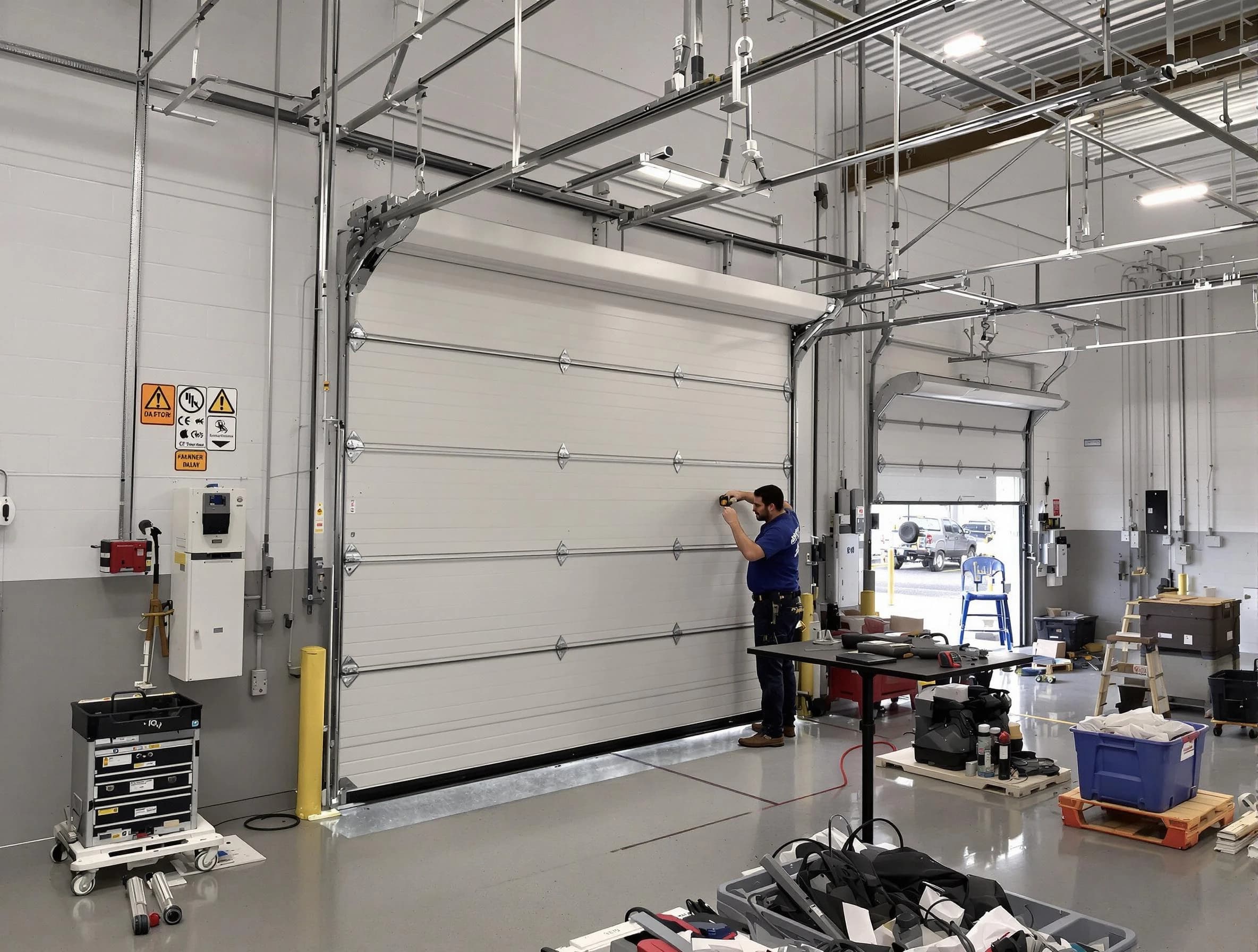 Commercial garage door repair being performed by Middlesex Garage Door Repair expert in Middlesex