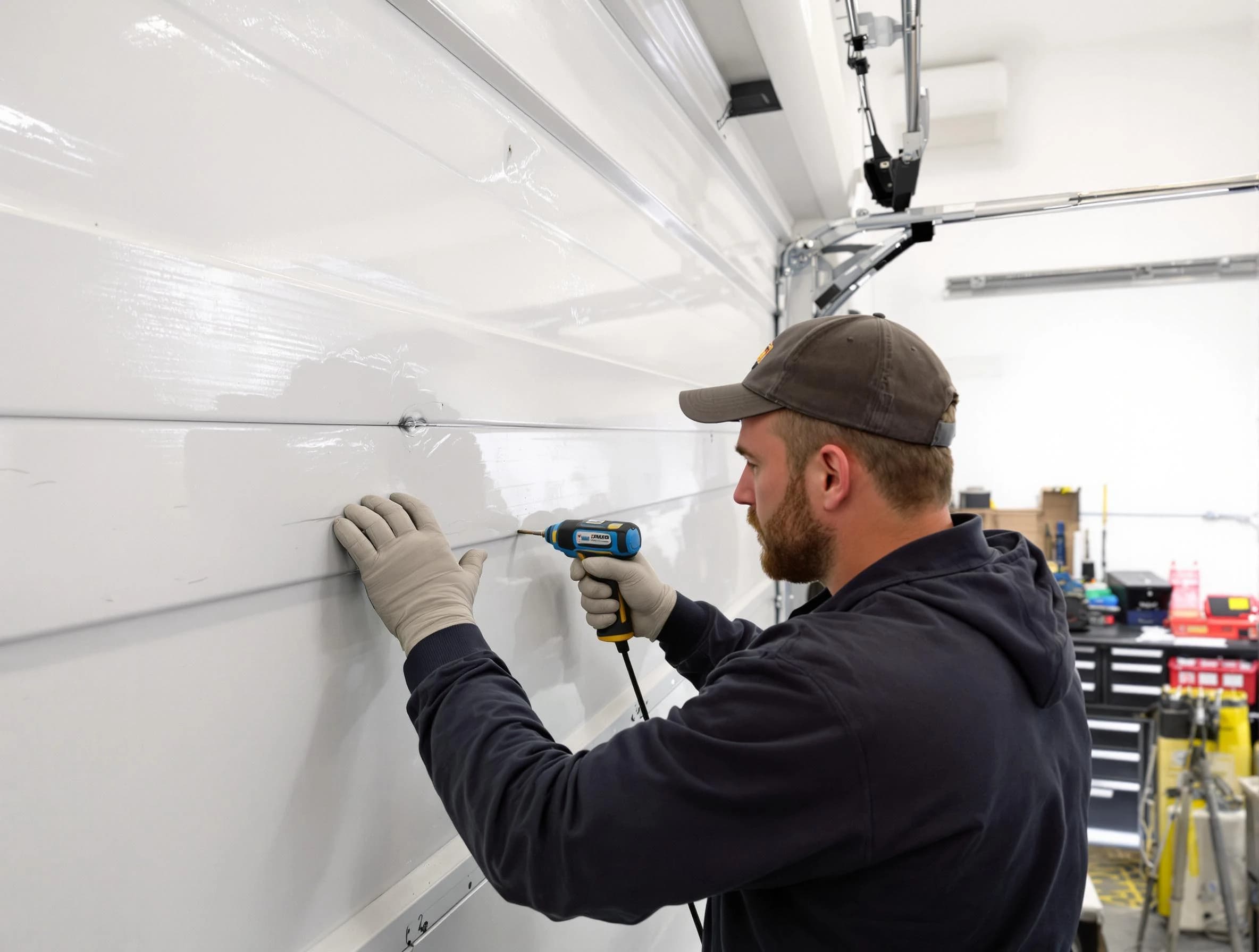 Middlesex Garage Door Repair technician demonstrating precision dent removal techniques on a Middlesex garage door