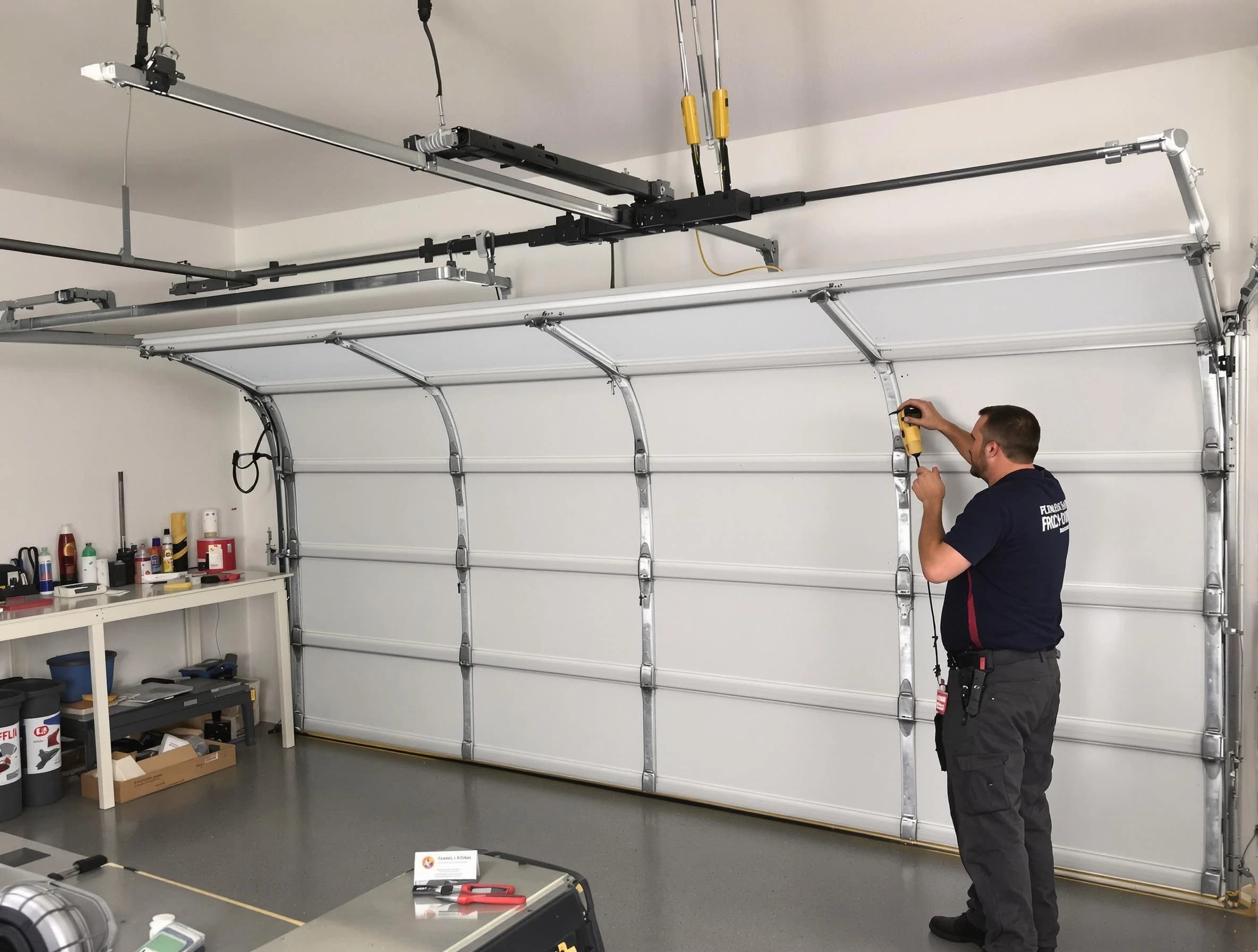 Middlesex Garage Door Repair certified technician performing overhead door system repair in Middlesex